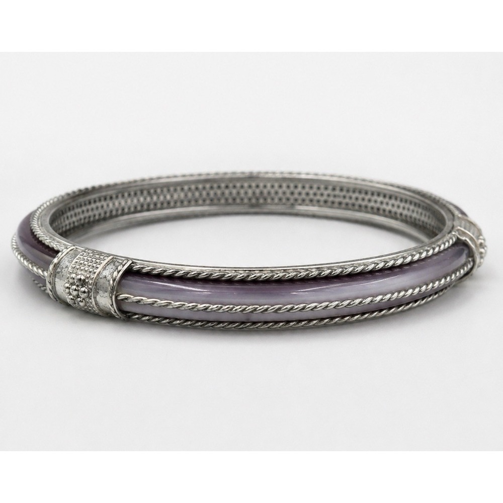 Vintage Lavender Thermoset Inlay Silver Tone Twisted Rope Slip On Bangle